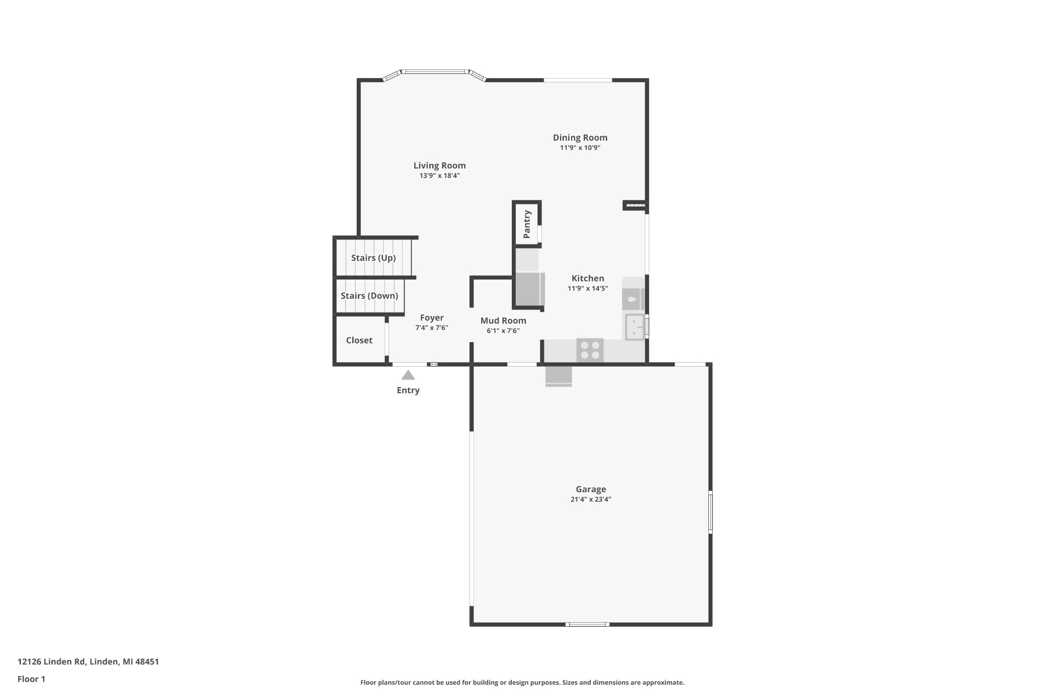 Main-level floor plan with kitchen, dining room, living room, mud room and garage
