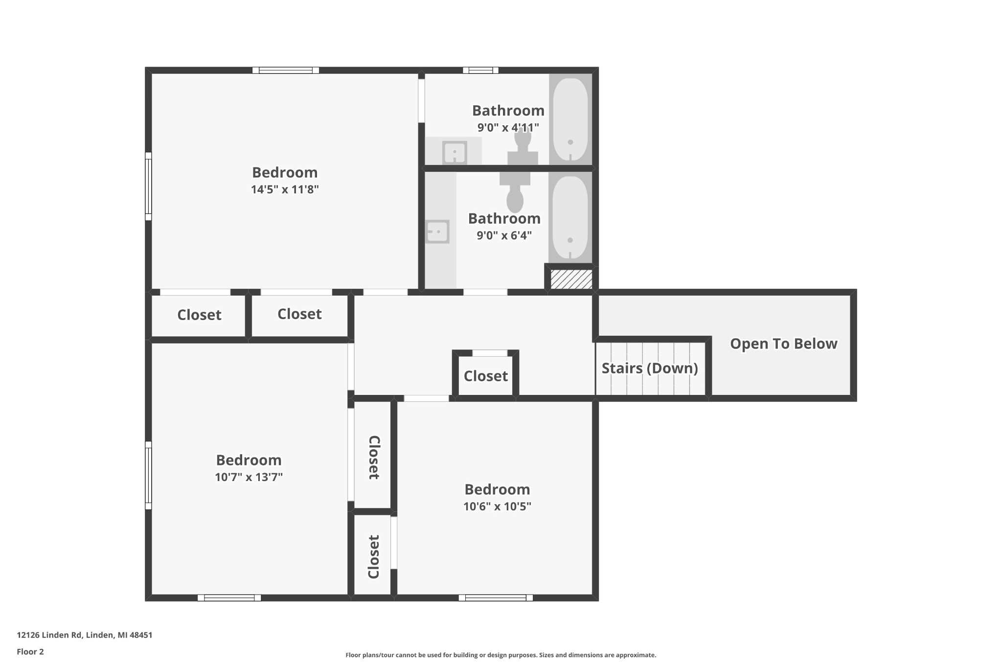 Upper-level floor plan with three bedrooms and two full bathrooms